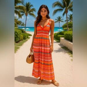 Athleta Striped Smocked Maxi Dress Summer Festival Travel Resortwear Boho Vacay